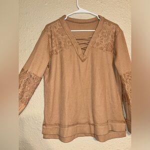 Waffle knit with lace long sleeve shirt.
